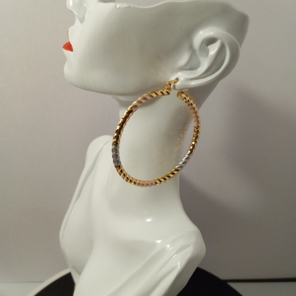 Large Real Gold Plated 3 Tone 60mm Round Hoop Earrings NWOT - Picture 2 of 5